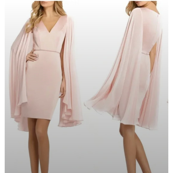 Ieena for Mac Duggal‎ Blush Cape Sleeve V-Neck Fitted Dress